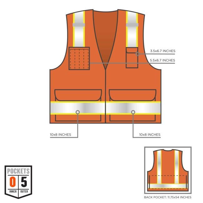 0 inner pockets and 5 outer pockets: 10x8 inches (x2), 3.5x6.7 inches, 5.5x6.7 inches, and back pocket 11.75x54 inches