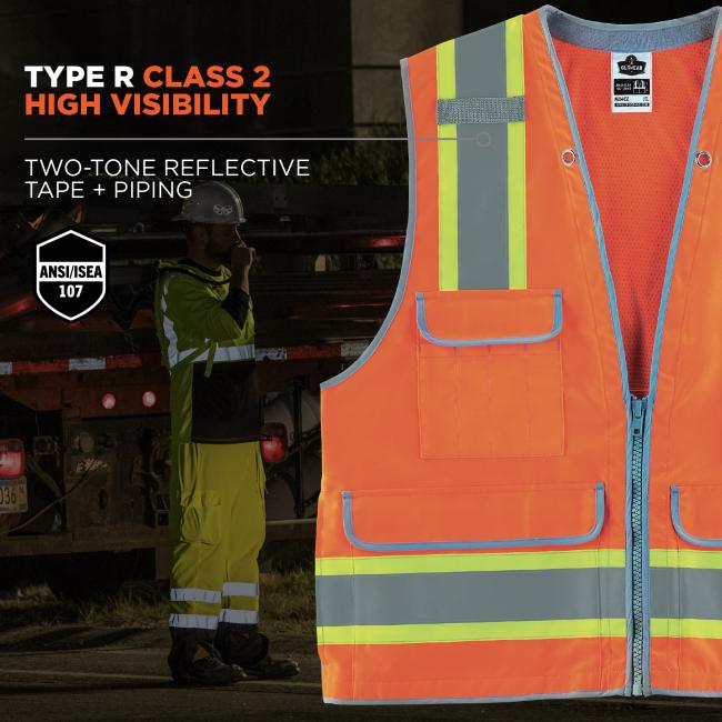 Type R Class 2 high visibility: ansi/isea 107 compliant two tone reflective tape and piping. Meets ANSI/ISEA 107 standards