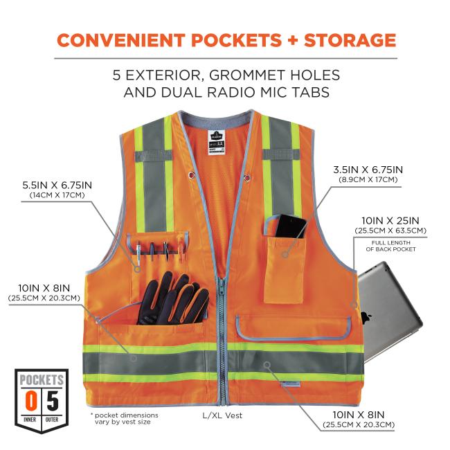 Convenient pockets and storage: 5 exterior pockets: upper left pocket measues 5.5in by 6.75in (14cm by 17cm), lower left pocket measures 10in by 8in (25.5cm by 20.3cm) upper right pocket measures 3.5in by 6.75in (8.9cm by 17cm), lower right pocket measures 10in by 8in (25.5cm by 20.3cm), and back pocket measures 10in by 25in (25.5cm by 63.5cm). Also has grommet holes and dual radio mic tabs. Pocket dimensions vary by vest size, vest measured is size large.