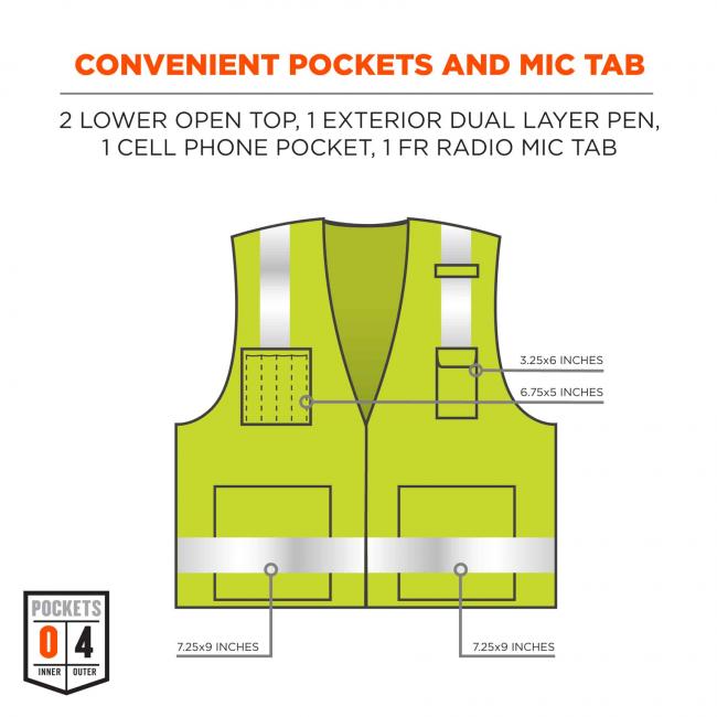 convenient pockets and mic tab: 2 lower open top (7.25x9 inches), 1 exterior dual layer pen (6.75x5 inches), 1 cell phone pocket (3.25x6 inches) and 1 FR radio mic tab image 7