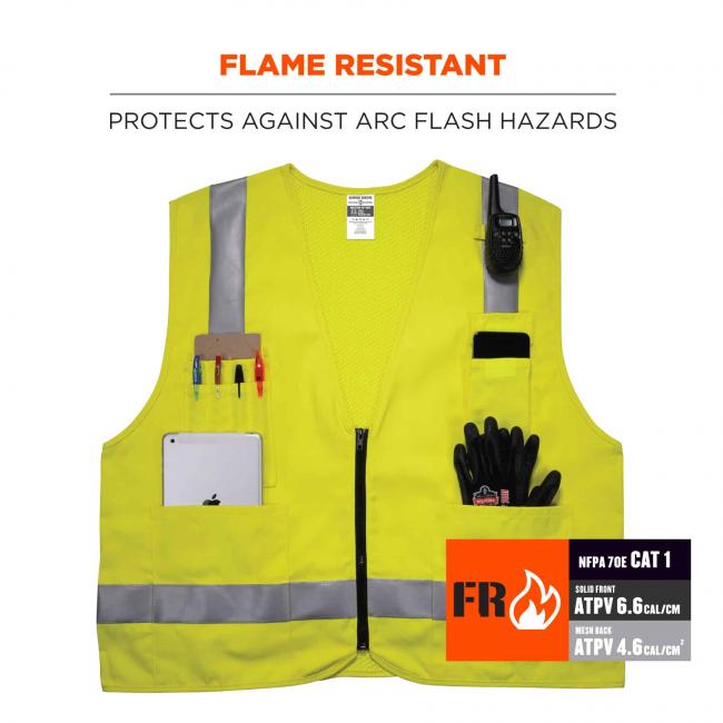 Flame resistant: protects against arc flash hazards. NFPA 70E CAT 1. Solid front: ATPV 6.6 cal/cm. Mesh back: ATPV 4.6 cal/cm2.  image 3