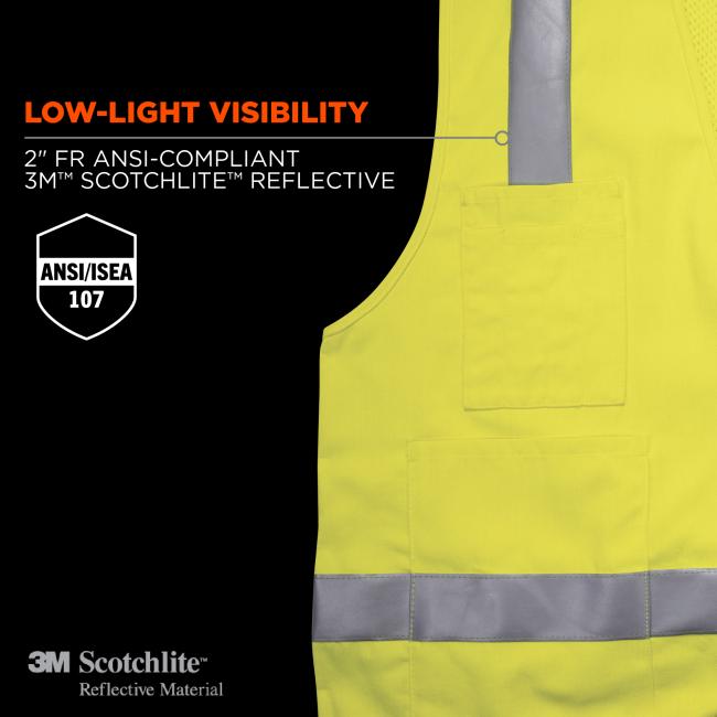 Low-light visibility: 2” FR ansi/isea 107 compliant 3M Scotchlite Reflective Material