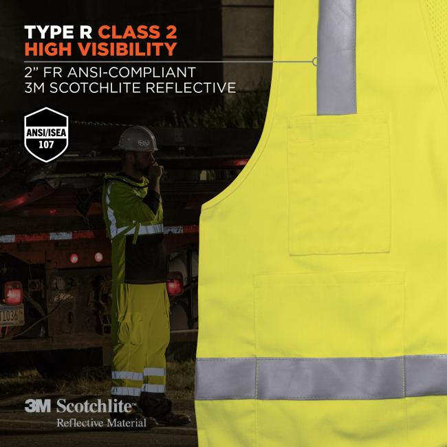 Low-light visibility: 2” FR ansi/isea 107 compliant 3M Scotchlite Reflective Material