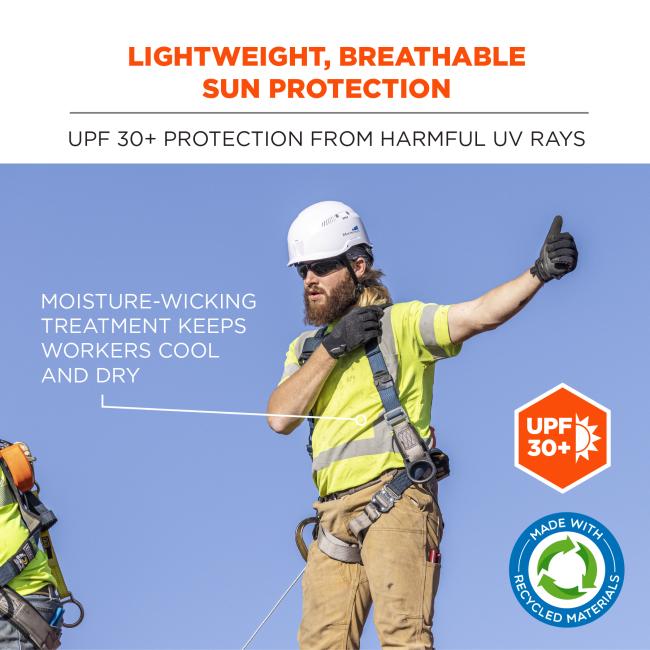 Lightweight, breathable sun protection: UPF 30 plus protection from harmful UV rays. Moisture-wicking treatment keeps workers cool and dry .