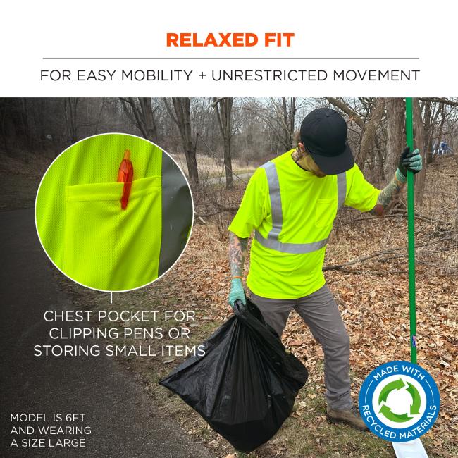 Relaxed fit: for easy mobility and unrestricted movement. Chest pockets for clipping pens or storing small items. Model is 6' and wearing a size large .