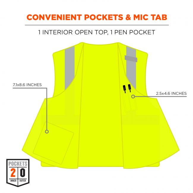 Convenient pockets & mic tab: 1 interior open top., 1 pen pocket. Arrows pointing to inside pocket say “7.1x8.6 inches” and arrow pointing to pen pocket says “2.5x4.6 inches”. Icon on bottom left says POCKETS: 2 INNER, 0 OUTER. 