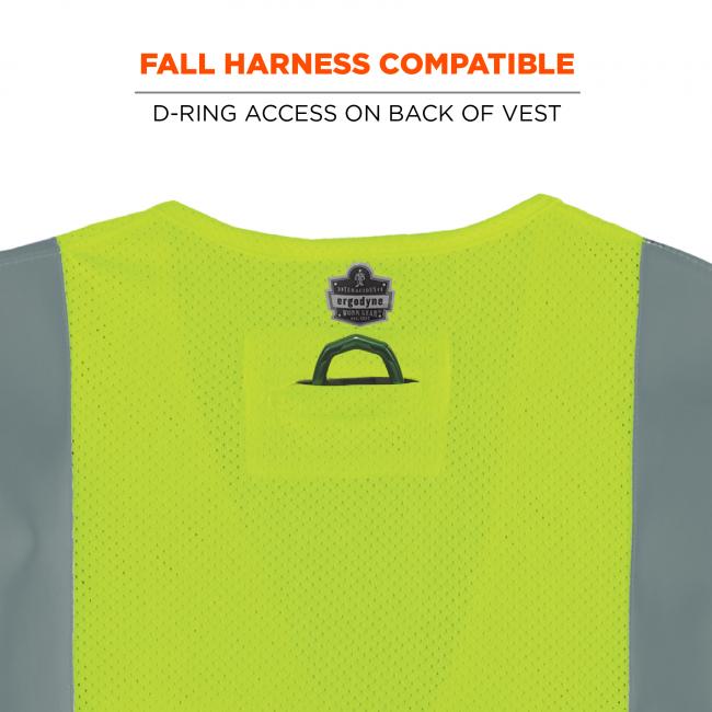 Fall harness compatible: d-ring access on back of vest. Image shows vest detail