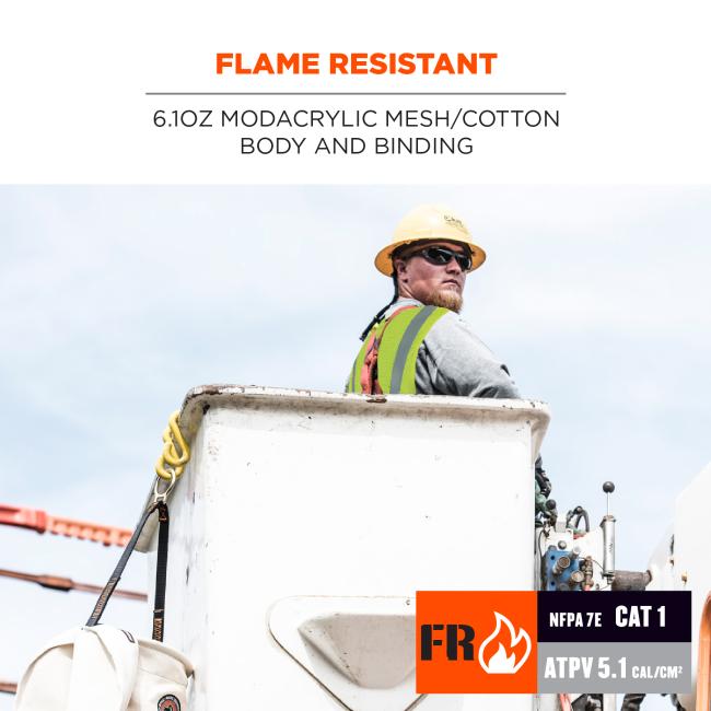 Flame resistant: 6.1oz modacrylic mesh/cotton body and binding. Image shows worker in vest. Icon on the lower right says FR NFPA7E CAT 1 & ATPV 5.1 cal/cm2 .