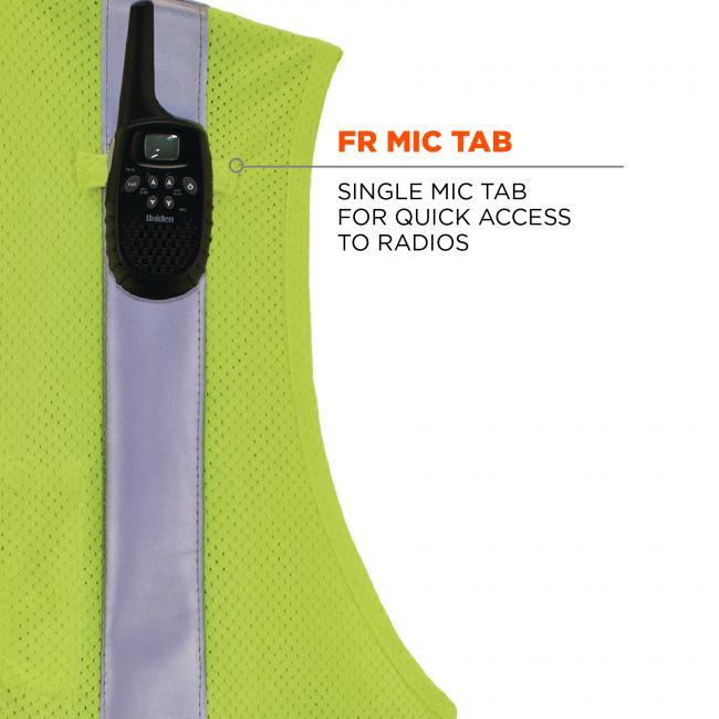 FR mic tab: single mic tab for quick access to radios. Image shows radio attached to vest. 