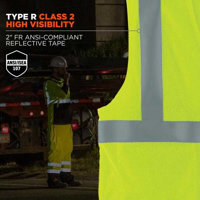 High visibility: type r class 2 with 2” FR reflective tape. hi-vis compliance: meets ansi/isea 107-2020 standards. Image shows vest detail and reflective tape on construction workers glowing at night