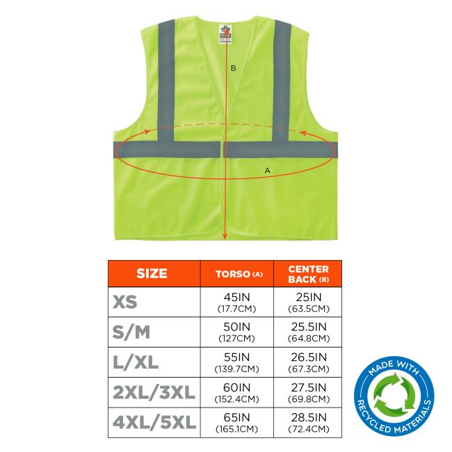 Size chart: XS: Torso (A) is 45 inches (117.7 cm) and center back (B) is 25 inches (63.5 cm). S/M: Torso (A) is 50 inches (127 cm) and center back (B) is 25.5 inches (64.8 cm). L/XL: Torso (A) is 55 inches (139.7 cm) and center back (B) is 26.5 inches (67.3 cm). 2XL/3XL: Torso (A) is 60 inches (152.4 cm) and center back (B) is 27.5 inches (69.8 cm). 4XL/5XL: Torso (A) is 65 inches (165.1 cm) and center back (B) is 28.5 inches (72.4 cm) .