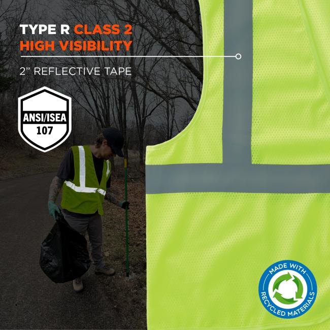 Type R, Class 2 high visibility: 2 inch reflective tape. ANSI/ISEA 107 compliant .