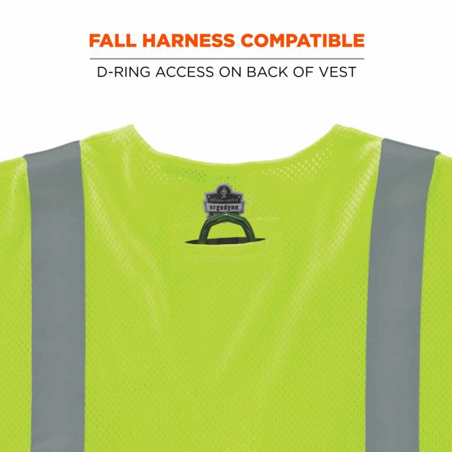 Fall harness compatible: d-ring access on back of vest