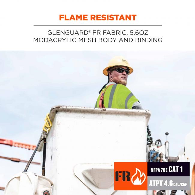 Flame resistant: Glenguard FR fabric, 5.6oz modacrylic mesh body and binding. Image shows worker at heights wearing vest. Icons say: FR // NFPA 70E CAT 1// ATPV 4.6 cal/cm2