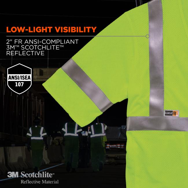 Low-light visibility: 2” FR ansi/isea 107 compliant 3M Scotchlite reflective. Icon at bottom says 3M Scotchlite Reflective Material. 