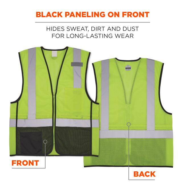 Black paneling on front hides sweat, dirt, and dust for longer-lasting wear
