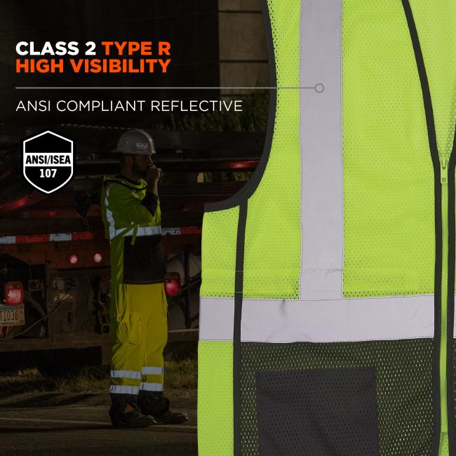 class 2 type R high visibility: Meets ansi/isea 107 standards with reflective tape