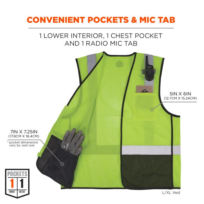 Convenient pockets and mic tab: 1 lower interior (7 inches by 7.25 inches or 17.8cm by 18.4cm), 1 chest pocket (5 inches by 6 inches or 12.7cm by 15.24cm), and 1 radio mic tab. Pocket dimensions vary by size