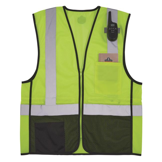 Front view of lime 8210zbk mesh hi vis safety vest with equipment 