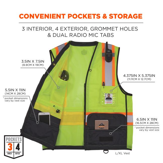Convenient pockets and storage: 3 interior, 4 exterior, grommet holes, and dual radio mic tabs. Upper interior pocket is 3.5 inches by 7.5 inches (8.9cm by 19cm) and lower interior pocket it 5.5 inches by 11 inches (14cm by 28cm). Upper exterior pocket is 4.375 inches by 5.375 inches (11.11cm by 12.7cm) and lower exterior pocket is 6.5 inches by 11 inches (16.5cm by 28cm). Pocket sizes vary by dimension, vest pictured is size L/XL.