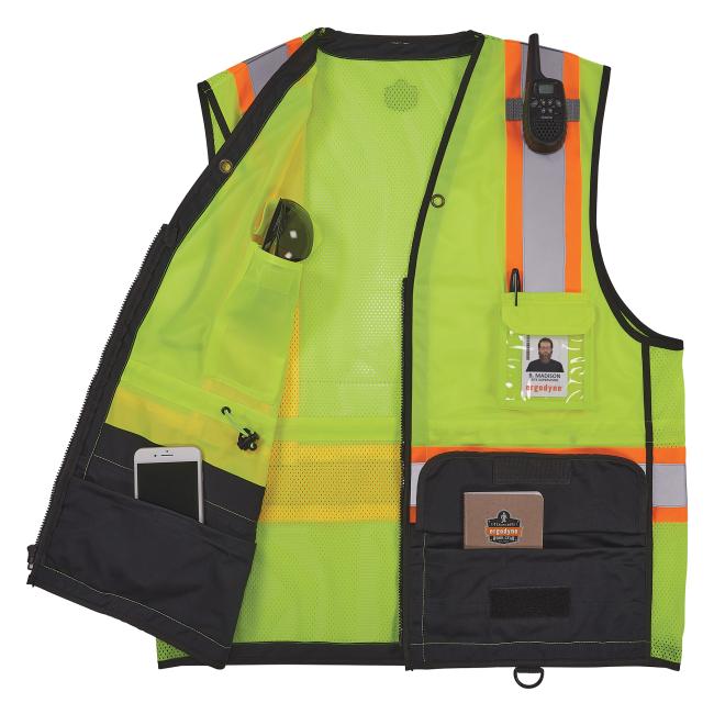 Front view of lime 8251hdzbk two tone hi vis safety vest opened with equipment in pockets
