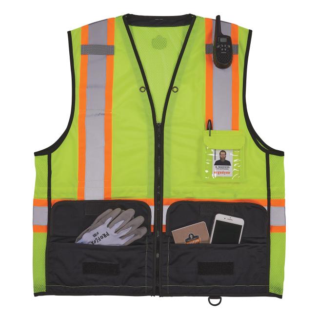 Front view of lime 8251hdzbk two tone hi vis safety vest with pockets holding equipment