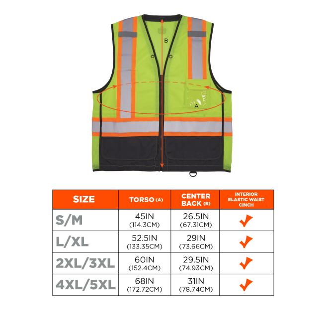 Size chart, all sizes have an interior elastic waist cinch. Small/Medium: Torso circumference measures 45 inches (114.3cm) and center back length measures 26.5 inches (or 67.31cm). Large/XL: Torso circumference measures 52.5 inches (133.35cm) and center back length measures 29 inches (73.66cm). 2XL/3XL: Torso circumference measures 60 inches or 152.4cm and center back length measures 29.5 inches or 74.93cm. 4XL/5XL: Torso circumference measures 68 inches or 172.72cm and center back length measures 31 inches