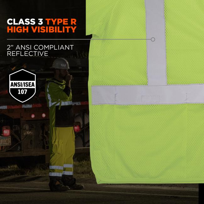 Class 3 type R high visibility: 2 inch ansi/isea 107 compliant reflective material .