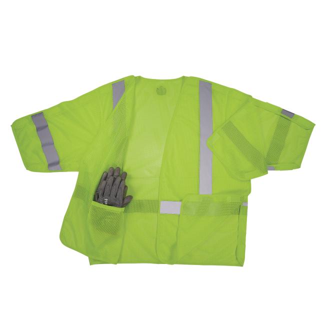 Propped open view of 8315ba hi vis breakaway safety vest with gloves in pocket