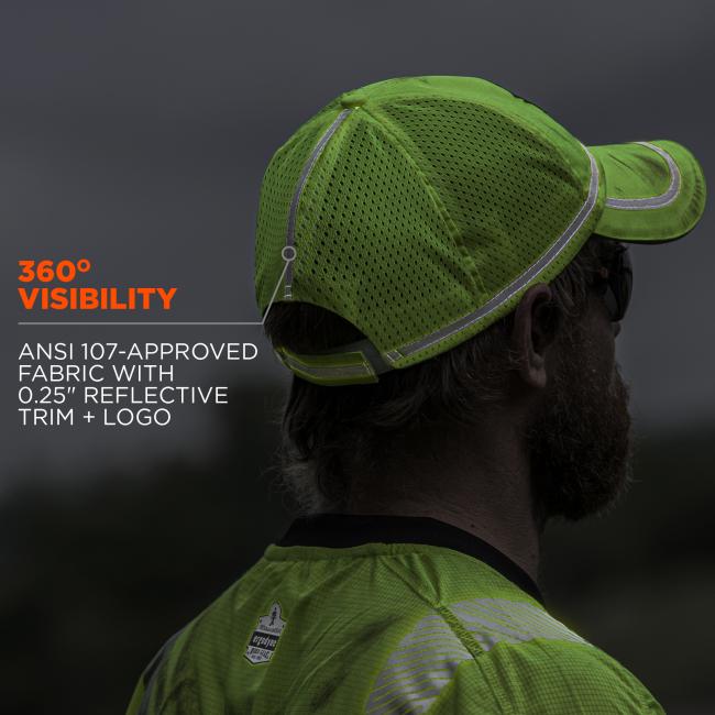 360 degree visibility: ANSI 107-approved fabric with 0.25” reflective trim + logo. Image is person wearing a hat .