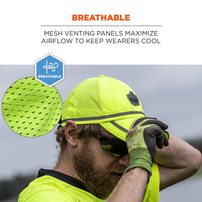Breathable: mesh venting panels maximize airflow to keep wearers cool. Icon says “breathable” and shows detail of fabric. Image is person putting on hat .