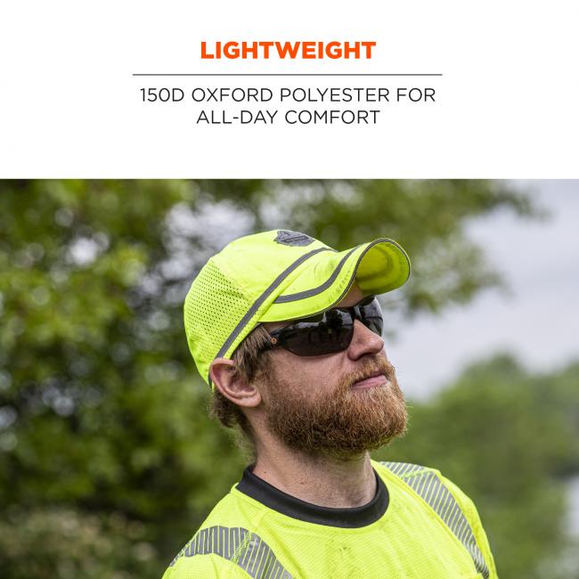 Lightweight: 150D Oxford polyester for all-day comfort. Image is person wearing hat. 