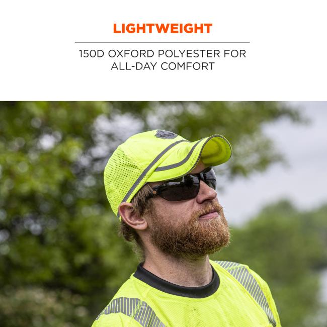 Lightweight: 150D Oxford polyester for all-day comfort. Image is person wearing a hat .