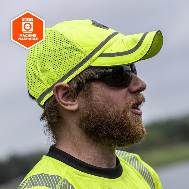 Image of person in hat. Icon says MACHINE WASHABLE .