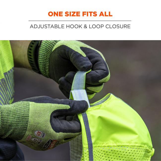 One size fits all: adjustable hook & loop closure. Image is person adjusting hat. 