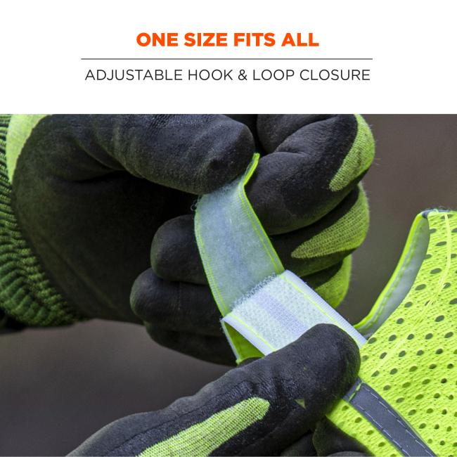 One size fits all: adjustable hook & loop closure. Image is person adjusting hat .