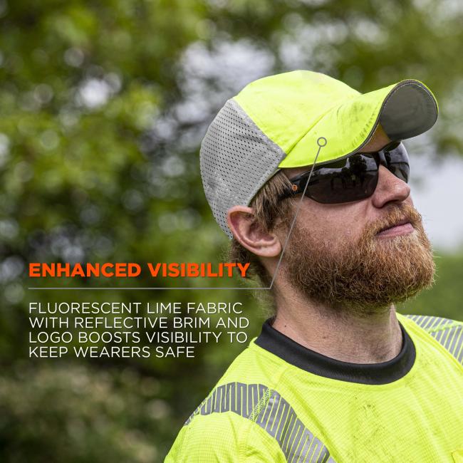 Enhanced visibility. Fluorescent lime fabric with reflective brim and logo boosts visibility to keep wearers safe.