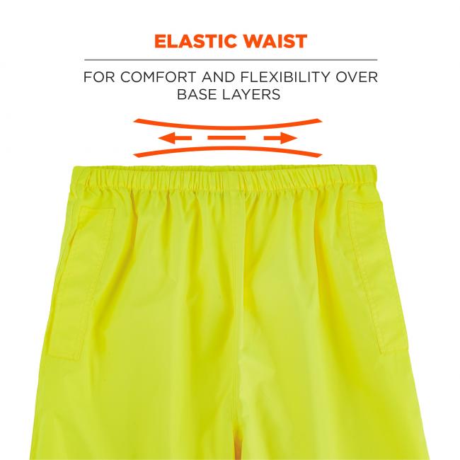 Elastic waist: for comfort and flexibility over base layers. Arrows show flexibility. 