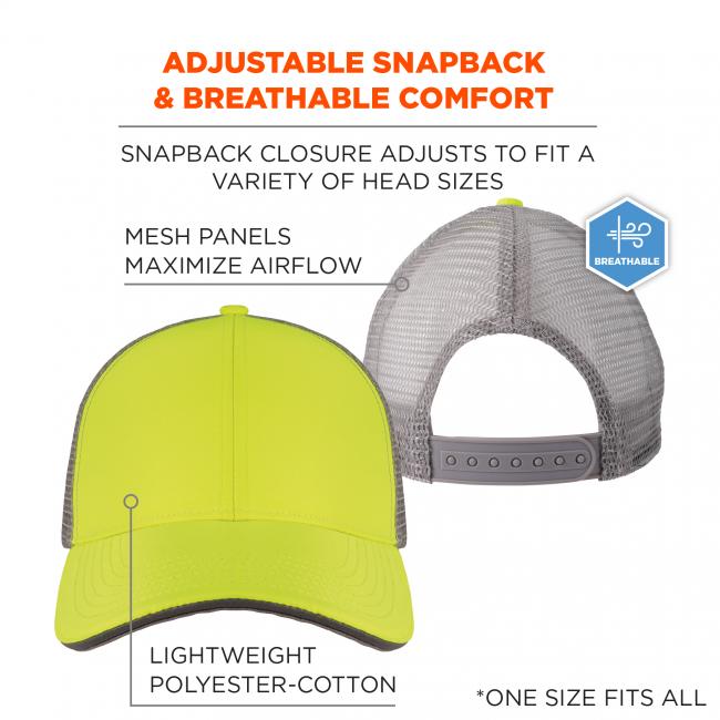 Adjustable snapback and breathable comfort. Snapback closure adjusts to fit a variety of head sizes. Mesh panels maximize airflow. Lightweight polyester cotton. One size fits all