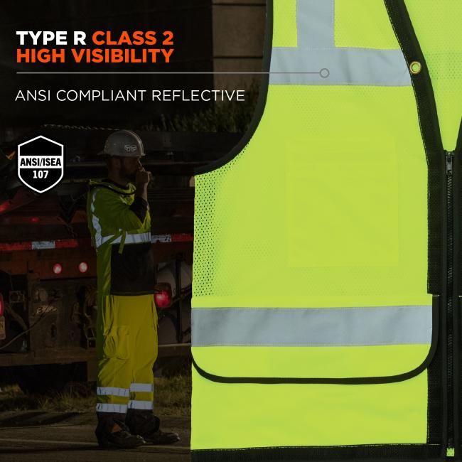 Class 2 type R high visibility: ansi/isea 107 compliant reflective material .