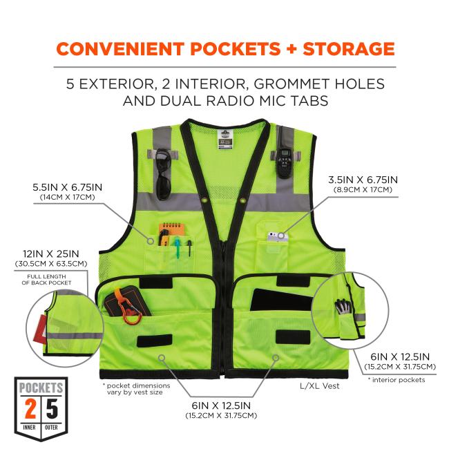 Convenient pockets and storage: 5 exterior pockets: upper left pocket measues 5.5in by 6.75in (14cm by 17cm), lower left pocket measures 10in by 8in (25.5cm by 20.3cm) upper right pocket measures 3.5in by 6.75in (8.9cm by 17cm), lower right pocket measures 10in by 8in (25.5cm by 20.3cm), and back pocket measures 10in by 25in (25.5cm by 63.5cm). 2 inner pockets: 6 inches by 12.5 inches (15.2cm by 31.75cm). Also has grommet holes and dual radio mic tabs. Pocket dimensions vary by vest size, vest measured is s