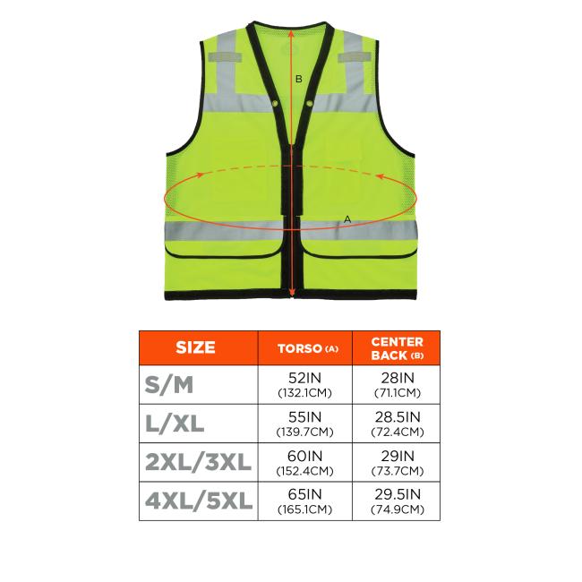 Size chart. Small/Medium: Torso circumference measures 52 inches (132.1cm) and center back length measures 28 inches (or 71.1cm). Large/XL: Torso circumference measures 55 inches (139.7cm) and center back length measures 28.5 inches (72.4cm). 2XL/3XL: Torso circumference measures 60 inches or 152.4cm and center back length measures 29 inches or 73.7cm. 4XL/5XL: Torso circumference measures 65 inches or 165.1cm and center back length measures 29.5 inches or 74.9cm