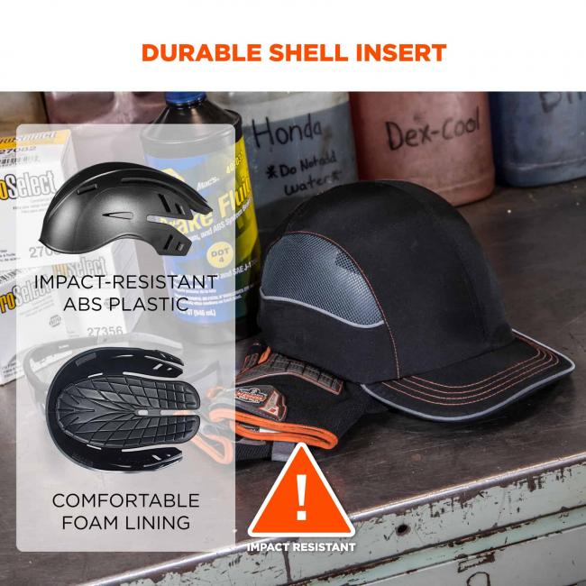 Durable shell insert. On the left, top image of bump cap says “impact-resistant ABS plastic” and bottom image of inside of bump cap says comfortable foam lining”. Icon at bottom says “! Impact resistant”