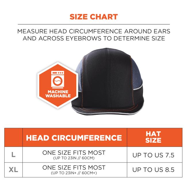 Size chart: measure head circumference around ears and across eyebrows to determine size. Icon says MACHINE WASHABLE. Size chart. Model 8950 fits hat size up to 7 1/2 (23.3in // 59.7cm). 8950XL fits hat size 7 1/2 (23.3in+ // 59.7cm+)