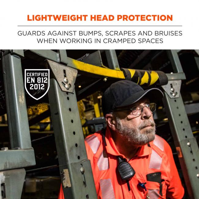 Lightweight head protection: guards against bumps, scrapes and bruises when working in cramped spaces. Icon says “certified EN 812 2012”