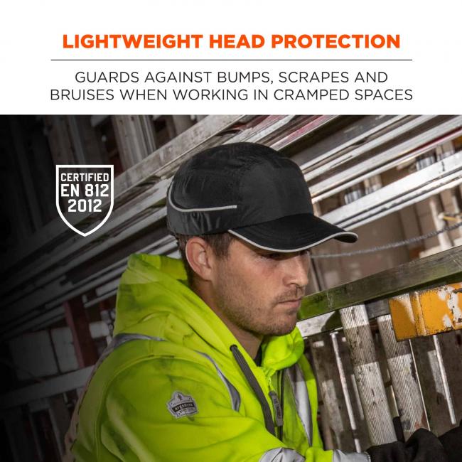 Lightweight head protection: guards against bumps, scrapes and bruises when working in cramped spaces. Icon says “certified EN 812 2012”