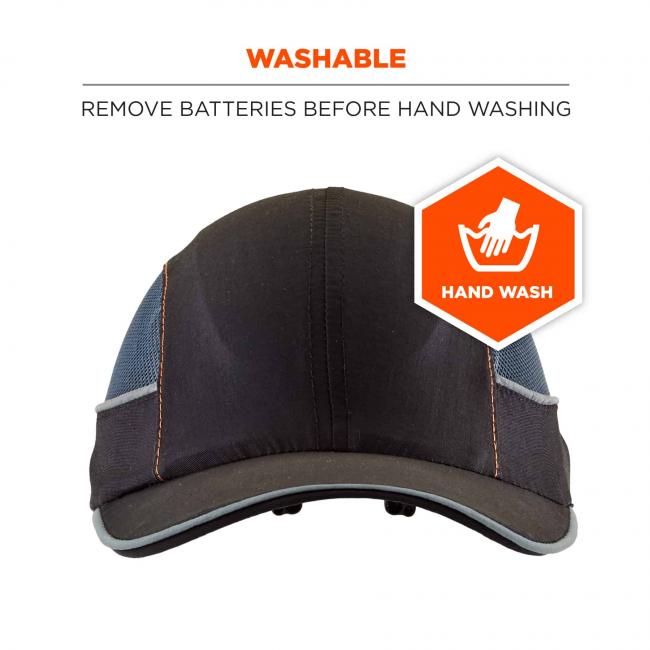 Washable: remove batteries before hand washing. Icon says “hand wash” 