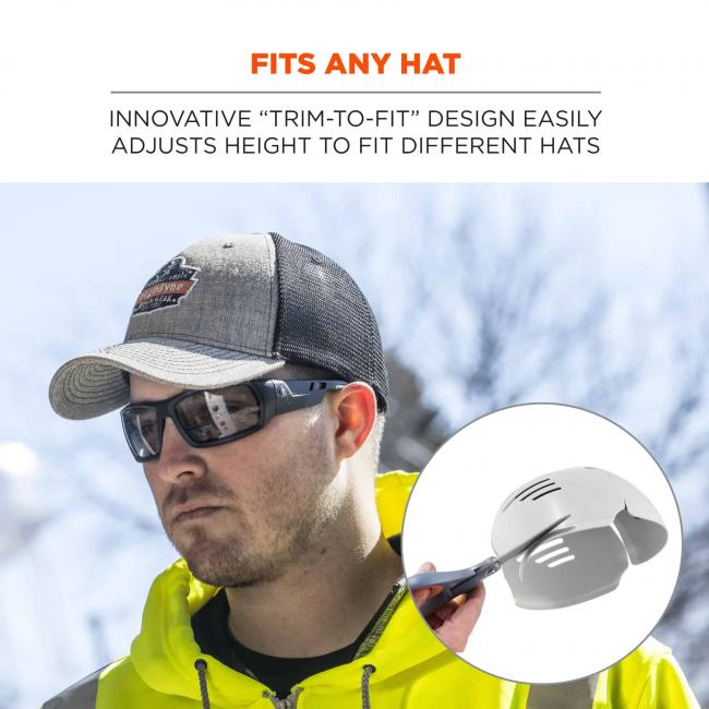 Fits any hat: innovative “trim-to-fit” design easily adjusts height to fit different hats. Image shows model wearing bump cap in hat, and shows to trim to fit with scissors. 