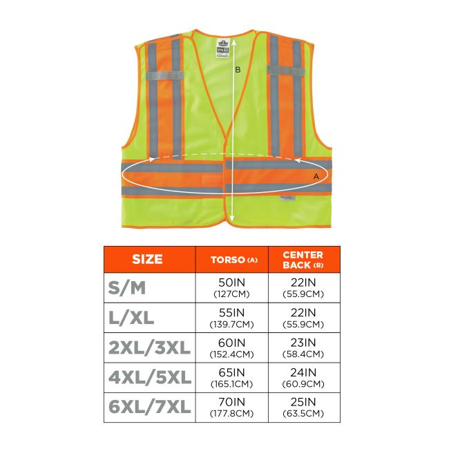 CHEST SIZE:  use flexible measuring tape and find the circumference around the widest part of your chest, under your arms, completely around your torso.  Diagram to right shows where to measure chest width.  LENGTH:  THE 8245PSV LENGTH IS SHORTER THAN OTHER GLOWEAR CLASS 2 VESTS BY AN AVERAGE OF 3.5 INCHES IN ALL SIZES  Diagram to right shows difference in length.   Size S/M fits chest size 45-50in (114-127cm) and is 22in (55.9cm) in length. Size L/XL fits chest size 50-55in (127-140cm) and is 22in (55.9cm