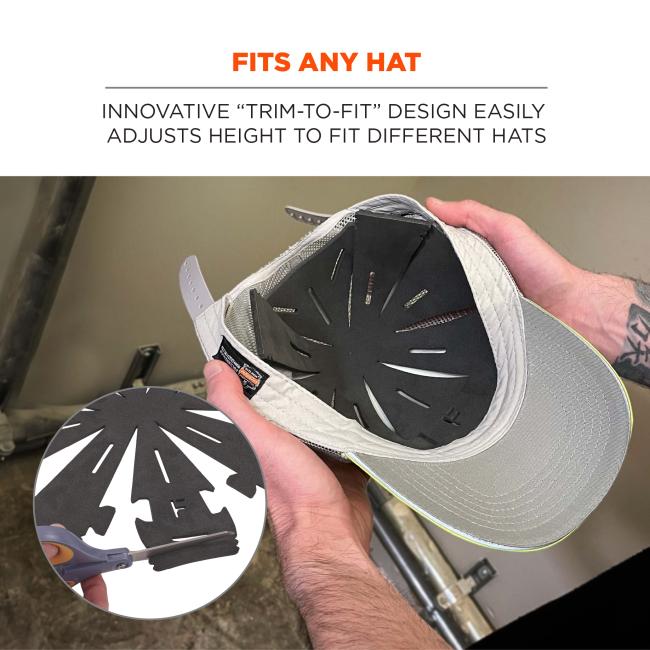 Fits any hat. Innovative trim-to-fit design easily adjusts height to fit different hats
